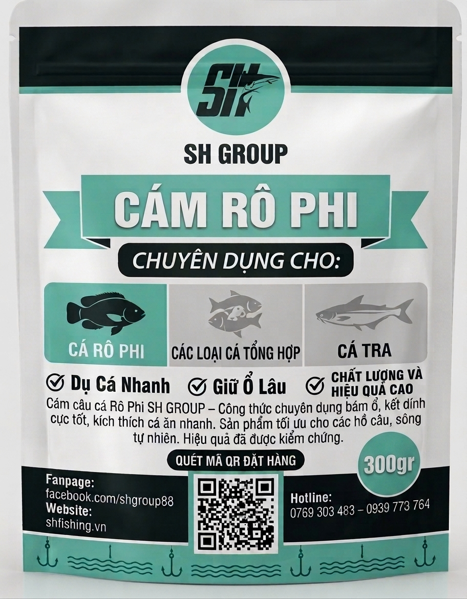 Cám Câu Cá Rô Phi SH Group Chuyên Dụng Siêu Nhạy 300g Bao bì cám câu cá rô phi SH Group chuyên dụng siêu nhạy loại 300g tone xanh ngọc bích dán tem cá rô phi