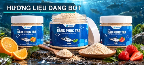 Hương liệu dạng bột SH Group cho mồi câu cá gồm Băng Phục Tra, Cam Phục Tra và Dâu Phục Tra.