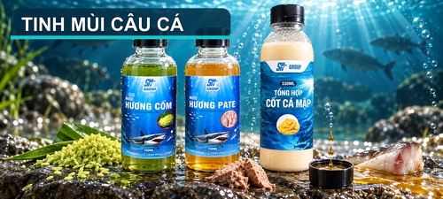 Tinh mùi câu cá SH Group gồm Hương Cốm, Hương Pate và Cốt Cá Mập dùng phối trộn cùng cám và mồi câu.