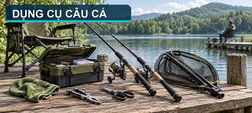Dụng cụ câu cá gồm cần câu, ghế câu, thùng đựng đồ, vợt bắt cá và dụng cụ xử lý dây câu.