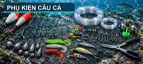 Phụ kiện câu cá gồm lưỡi câu, phao, chì, khóa xoay, dây cước, hạt chặn, mồi giả và chuông báo cá.