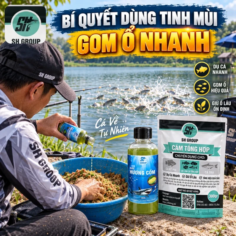 Bí quyết dùng tinh mùi câu cá SH Group phối cùng cám tổng hợp để chuẩn bị mồi và tạo điểm câu hấp dẫn.