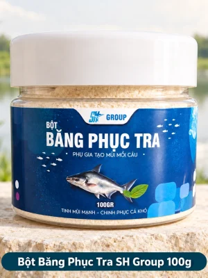 Bột Băng Phục Tra SH Group 100g đặt chính diện trên bệ đá cạnh hồ, nhãn sản phẩm SH Group hiển thị rõ.