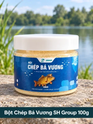 Bột Chép Bá Vương SH Group 100g một hũ chính diện có nhãn xanh và nắp trắng bên hồ câu.