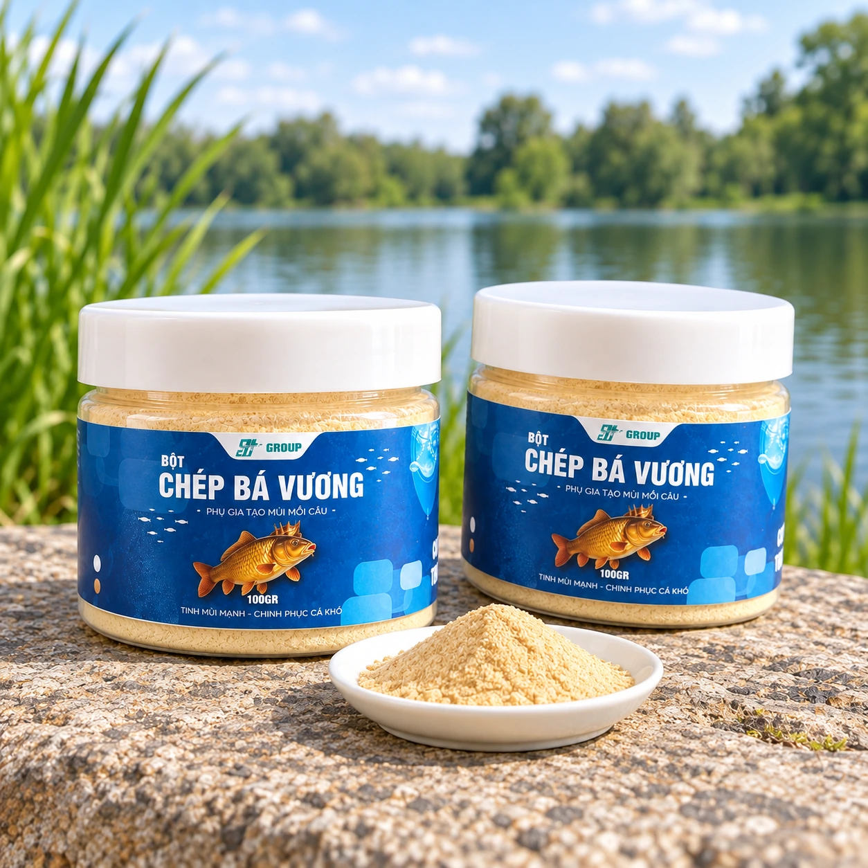 Bột Chép Bá Vương SH Group 100g Hai hũ Bột Chép Bá Vương SH Group 100g kèm đĩa bột màu kem minh họa