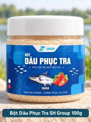 Bột Dâu Phục Tra SH Group 100g đặt chính diện trên bệ đá cạnh hồ, nhãn sản phẩm SH Group hiển thị rõ.