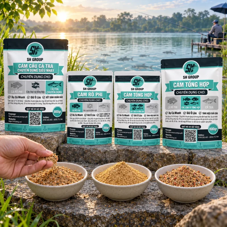 Cách chọn cám câu cá SH Fishing với Cám Cá Tra, Cám Rô Phi và Cám Tổng Hợp SH Group theo loại cá và độ hạt.
