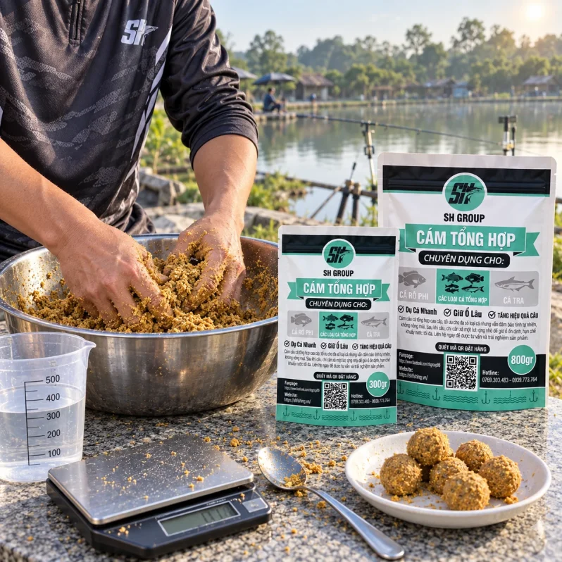 Cách pha cám câu cá SH Fishing bằng Cám Tổng Hợp SH Group, cân nguyên liệu và thêm nước từng ít để điều chỉnh độ ẩm.