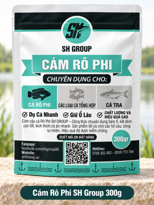 Bao bì Cám Rô Phi SH Group 300g có hình cá rô phi và tên sản phẩm trên nền xanh