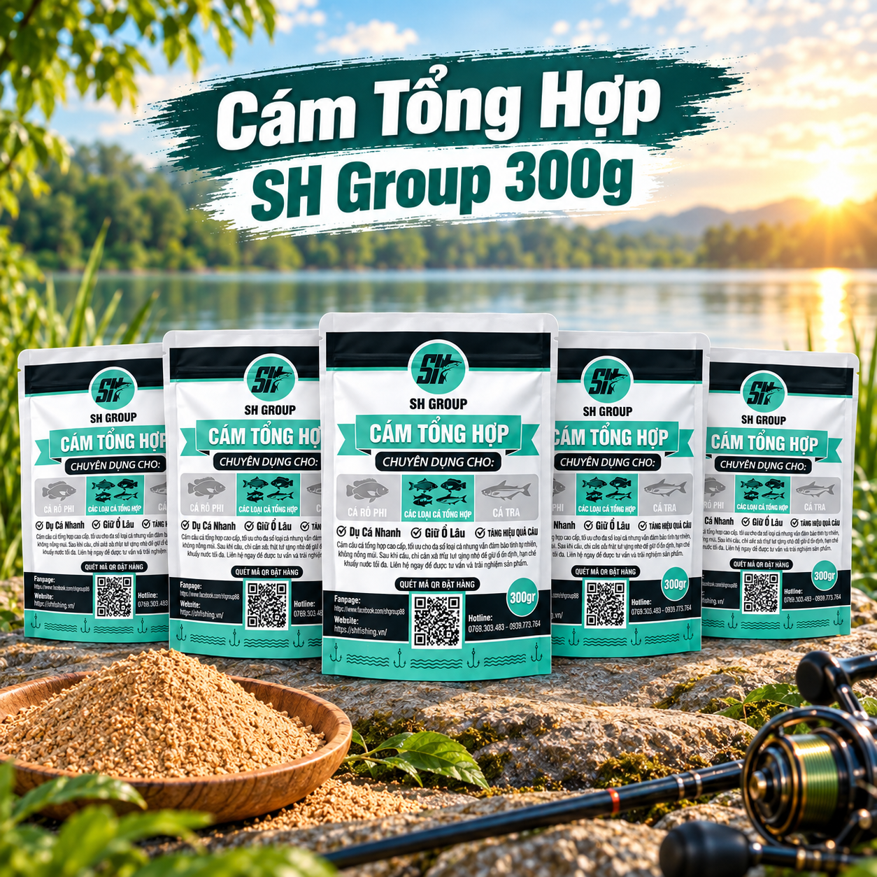 Cám Tổng Hợp SH Group 300g Cám Tổng Hợp SH Group 300g có bao bì, nhãn và thông tin sản phẩm rõ ràng