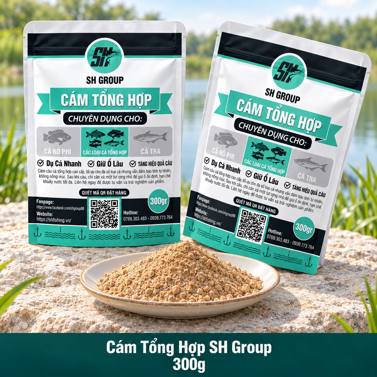 Cám Tổng Hợp SH Group 800g Cách chọn cám câu cá với Cám Tổng Hợp SH Group 800g có nhãn và mã QR rõ ràng