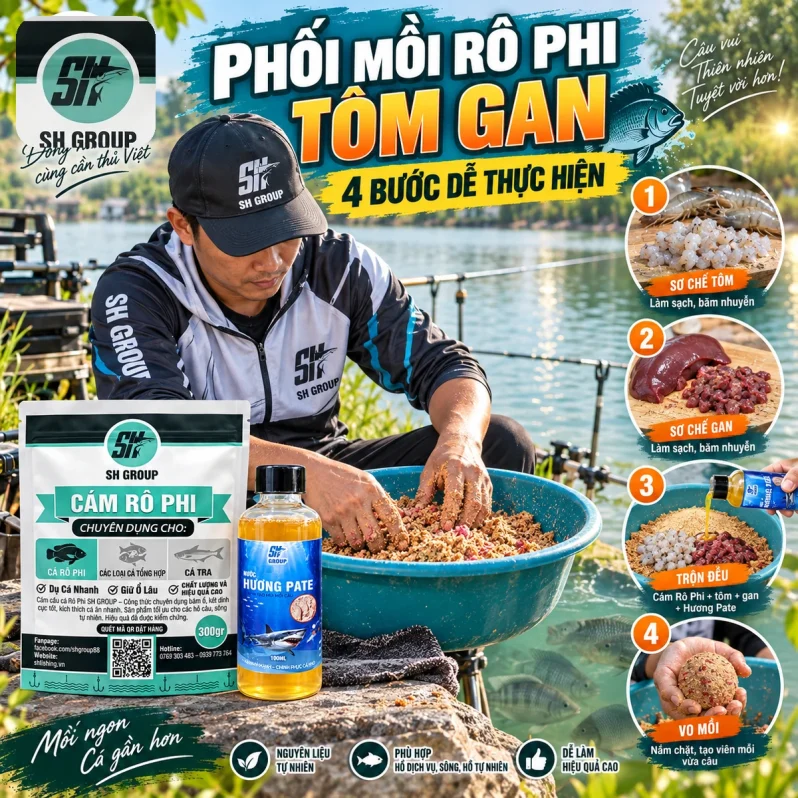 Cách phối mồi rô phi tôm gan 4 bước với Cám Rô Phi và Hương Pate SH Group dễ thực hiện tại hồ câu.