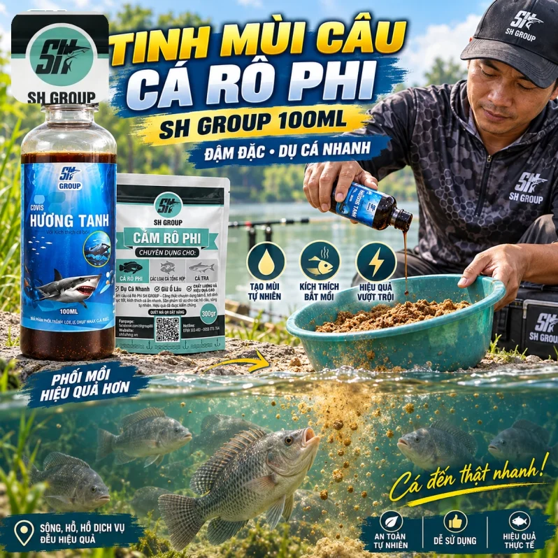 Tinh mùi câu cá rô phi SH Group 100ml đậm đặc, dùng phối cùng cám rô phi khi chuẩn bị mồi câu hồ và sông.