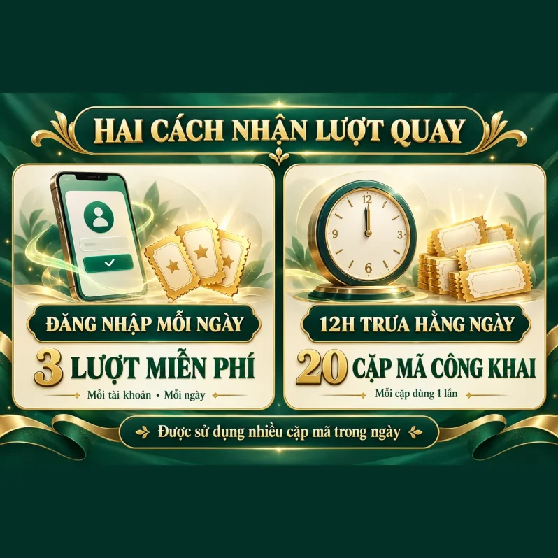 Hai cách nhận lượt quay: đăng nhập mỗi ngày nhận 3 lượt miễn phí và nhận 20 cặp mã công khai lúc 12h trưa.