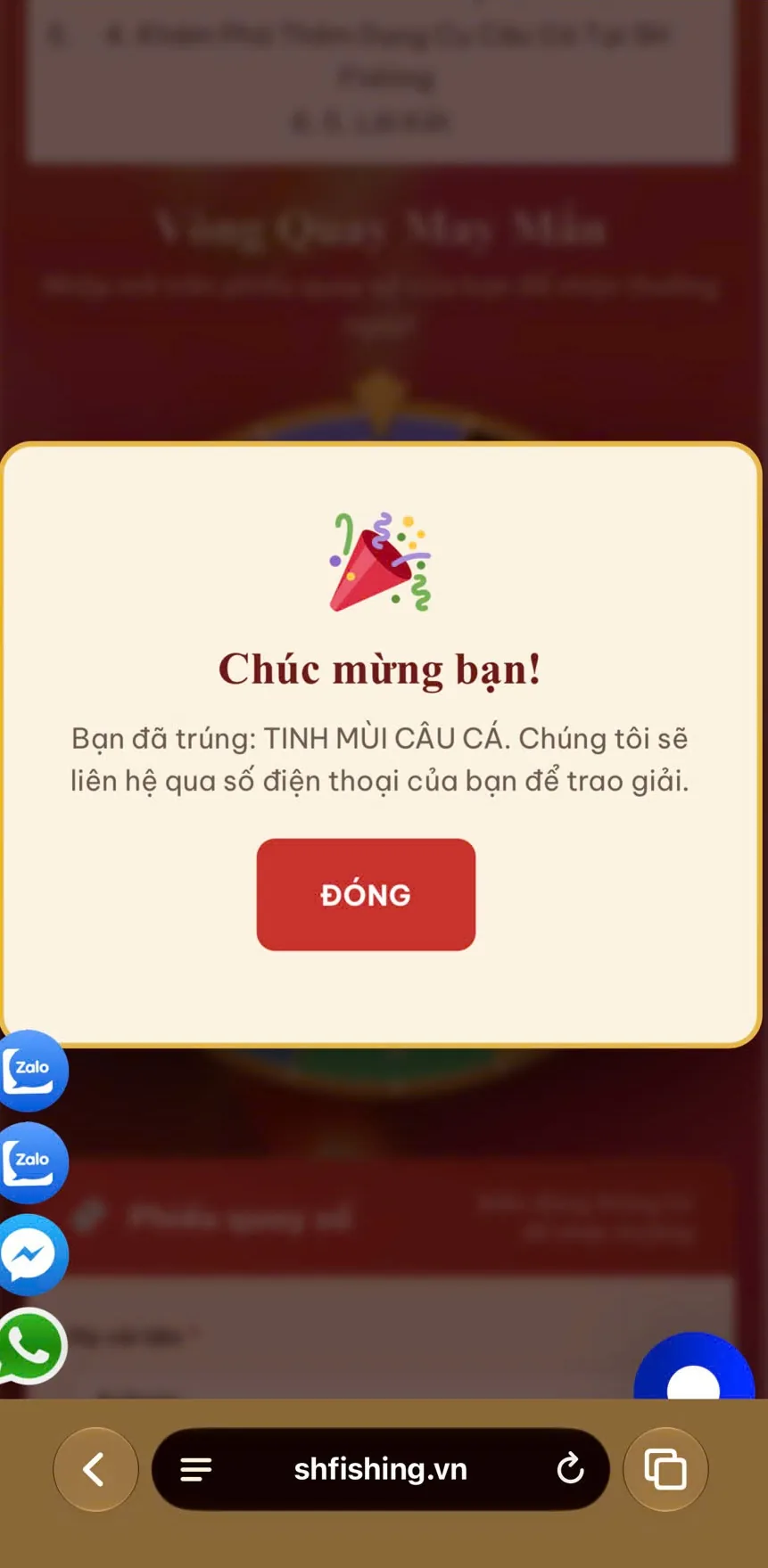 Thông báo chúc mừng người dùng trúng thưởng trong chương trình vòng quay SH Fishing.