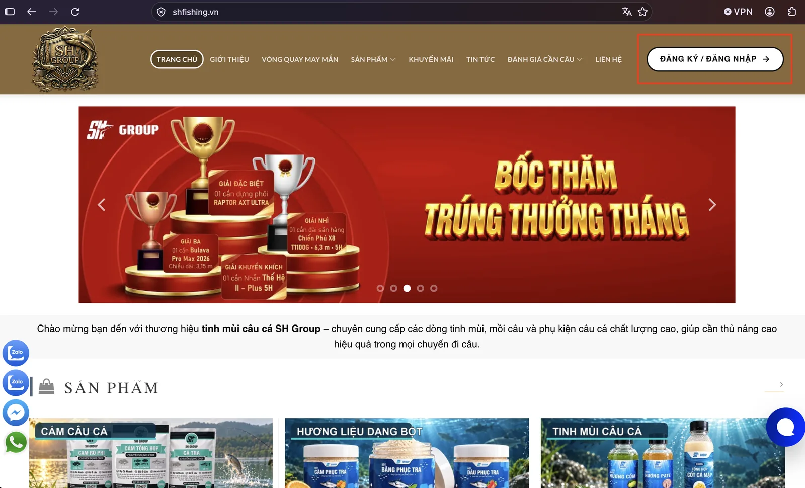 Trang SH Fishing trên máy tính có nút Đăng ký hoặc Đăng nhập ở góc phải.