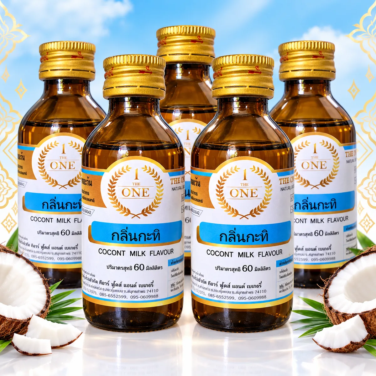 Tinh mùi Cốt dừa The One 60ml – ảnh bán hàng 5 chai Tinh mùi Cốt dừa The One 60ml, năm chai cùng hương với nhãn The One hướng về phía trước