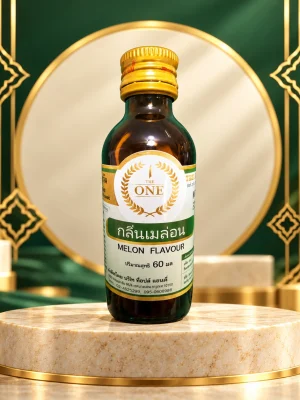Một chai chính diện tinh mùi Melon The One 60ml, nhãn MELON FLAVOUR màu kem xanh lá