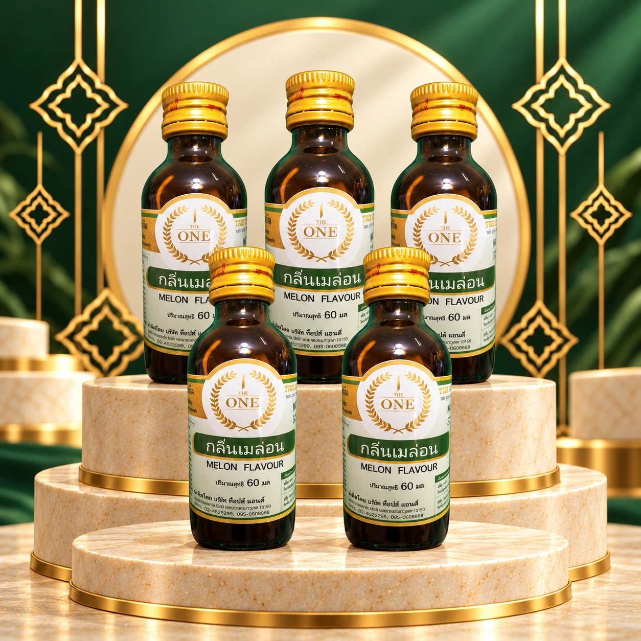 Tinh mùi Melon The One 60ml: nhận diện và cách phối mồi 7 Năm chai tinh mùi Melon The One 60ml nhãn xanh lá trên bục kem với nền xanh vàng