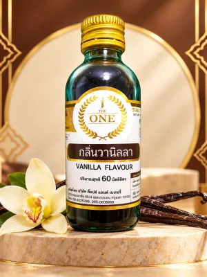 Một chai chính diện tinh mùi Vanilla The One 60ml, nhãn VANILLA FLAVOUR màu trắng nâu