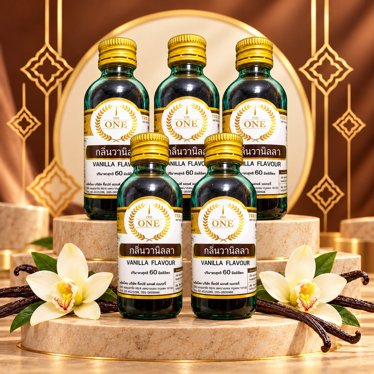 Tinh mùi Vanilla The One 60ml: nhận diện và cách phối mồi 7 Năm chai tinh mùi Vanilla The One 60ml nhãn trắng nâu trên bục màu kem
